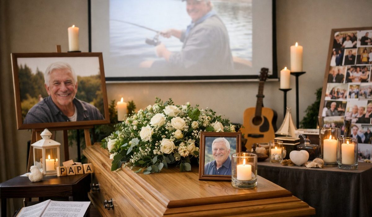 Cérémonie funéraire personnalisée en intérieur avec cercueil en bois, bouquets de fleurs, bougies, photos souvenirs et écran diffusant une image du défunt.