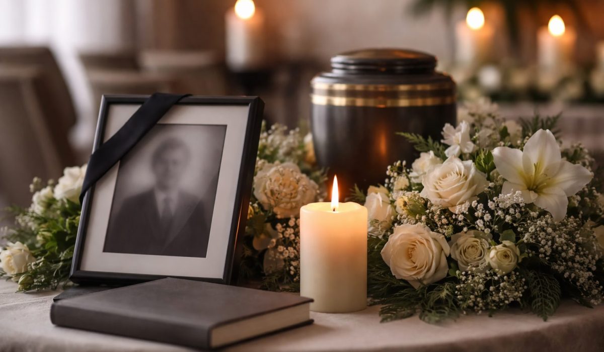 Photo horizontale d’un hommage discret : cadre noir avec portrait en noir et blanc, urne funéraire, bougies allumées, livre fermé et composition de fleurs blanches dans une salle calme.