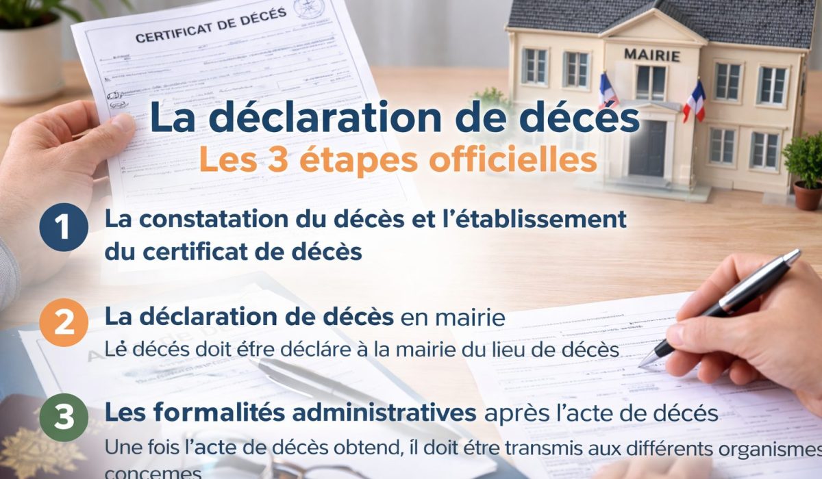 Visuel explicatif sur la déclaration de décès présentant trois étapes officielles : constatation et certificat de décès, déclaration en mairie, formalités administratives après l’acte de décès, avec un certificat tenu en main et une maquette de mairie en arrière-plan.