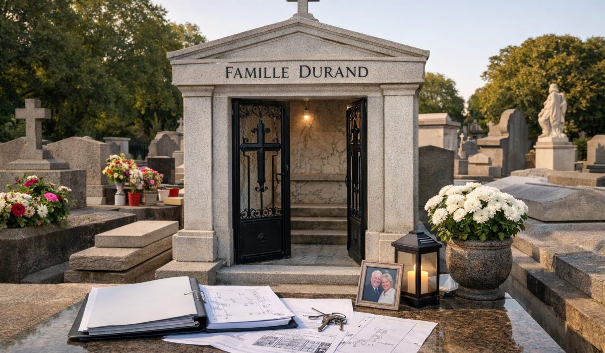 Vue horizontale d’un caveau familial en pierre dans un cimetière, avec un classeur de documents, des plans, une lanterne allumée et une photo de couple posés au premier plan