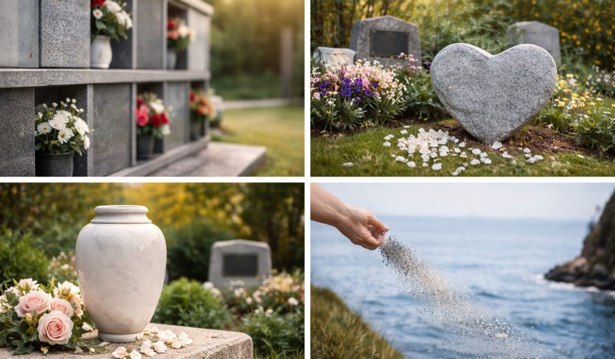 Scène réaliste en format horizontal montrant un columbarium fleuri, une urne funéraire posée sur une pierre, un espace cinéraire dans un cimetière et un geste de dispersion des cendres face à la mer.