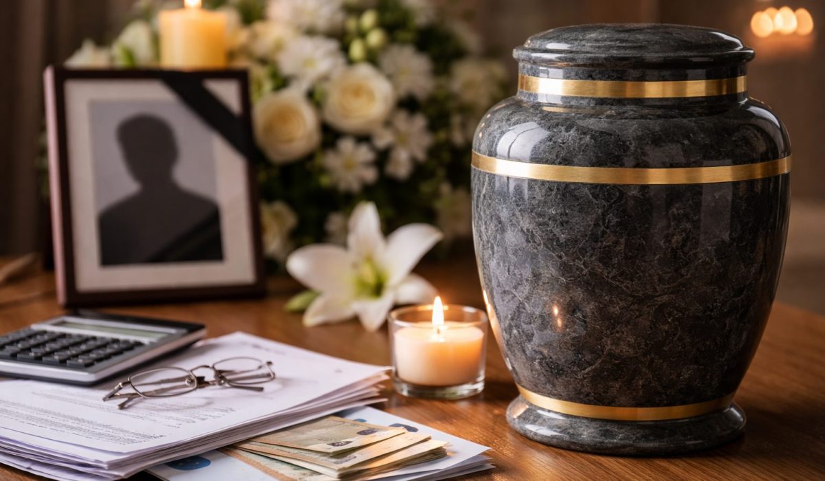 Urne funéraire posée sur une table avec des documents, une calculatrice et des billets, bougies et fleurs en arrière-plan, illustrant les frais annexes d’une crémation
