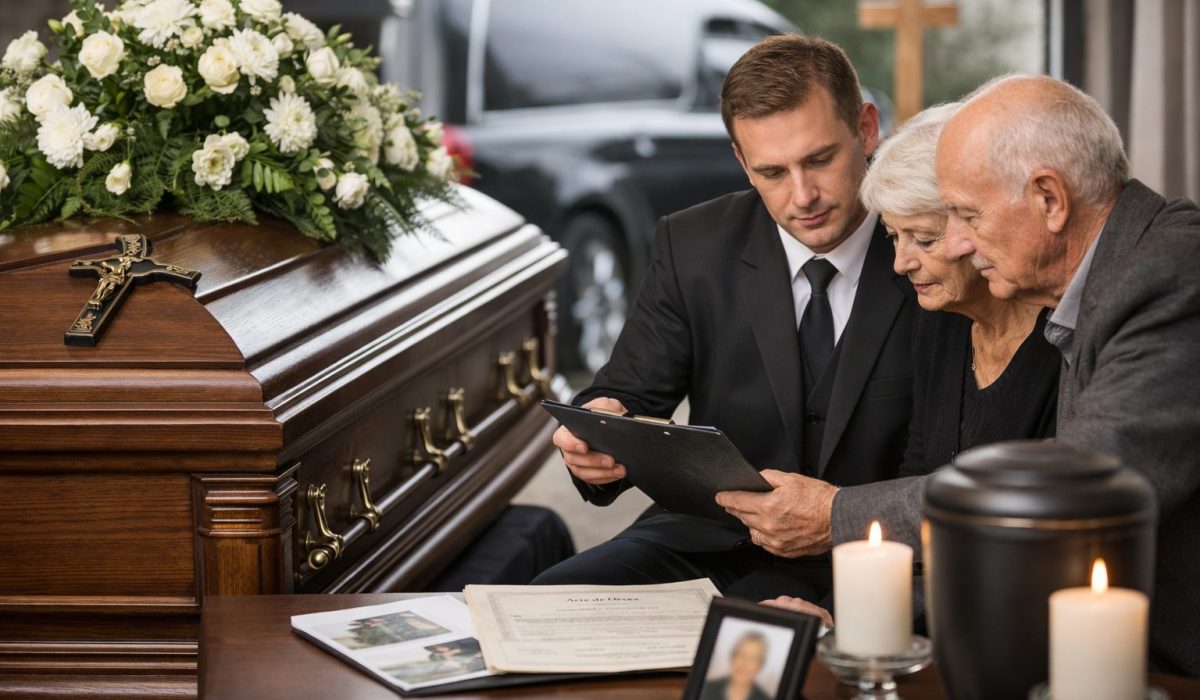 Conseiller funéraire accompagnant un couple âgé lors de l’organisation des obsèques, avec cercueil fleuri, urne et bougies dans une chambre funéraire