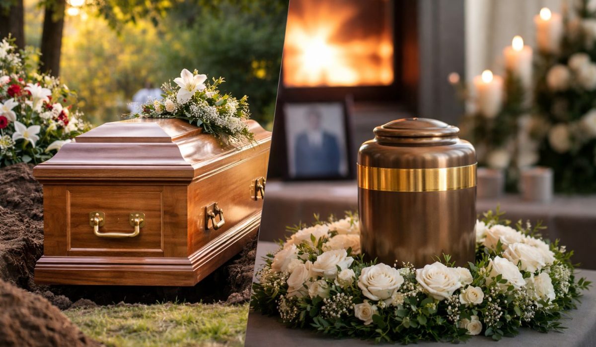 Cercueil en bois entouré de fleurs dans un cimetière et urne funéraire en métal posée sur un hommage fleuri, en image horizontale