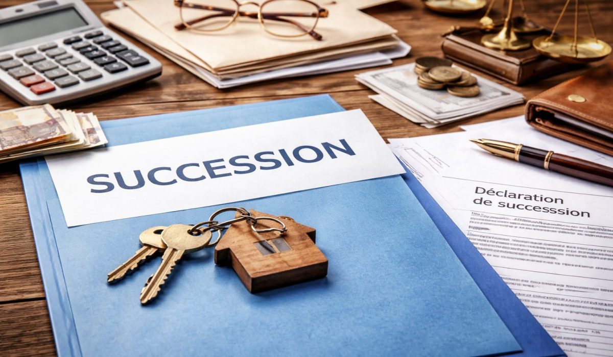 Dossier intitulé « Succession » posé sur un bureau en bois avec des clés de maison, une déclaration de succession, une calculatrice, des billets en euros et une balance de justice.