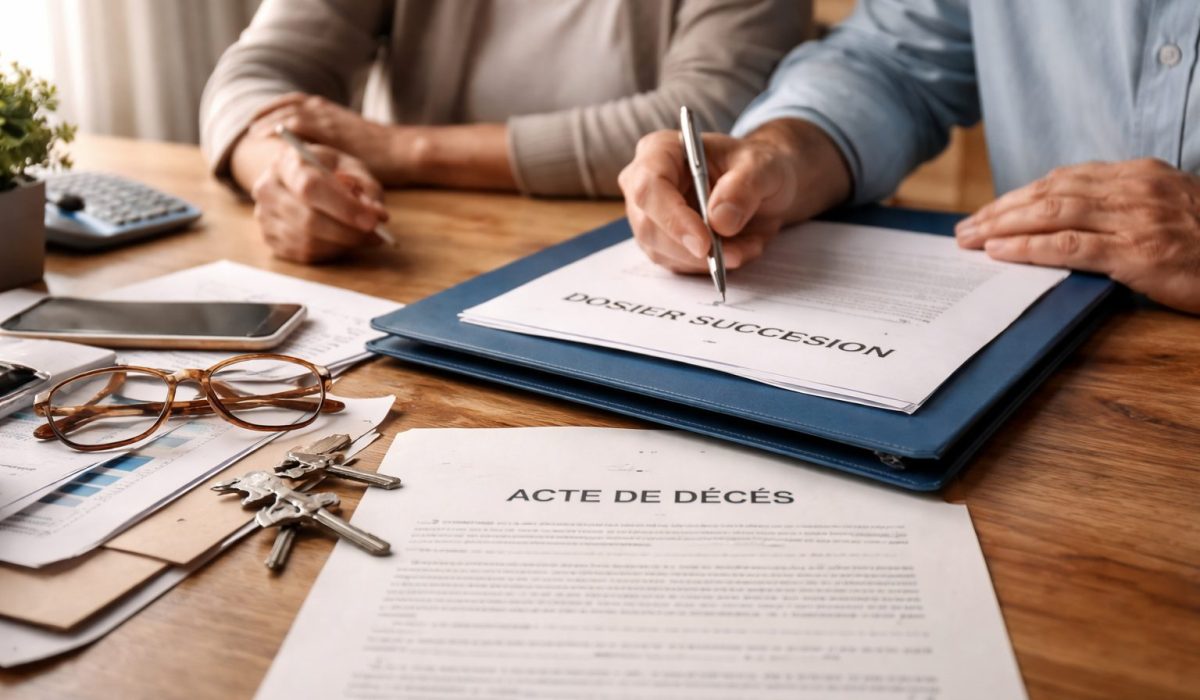 Deux proches organisant les démarches administratives après un décès avec un dossier de succession et un acte de décès sur une table