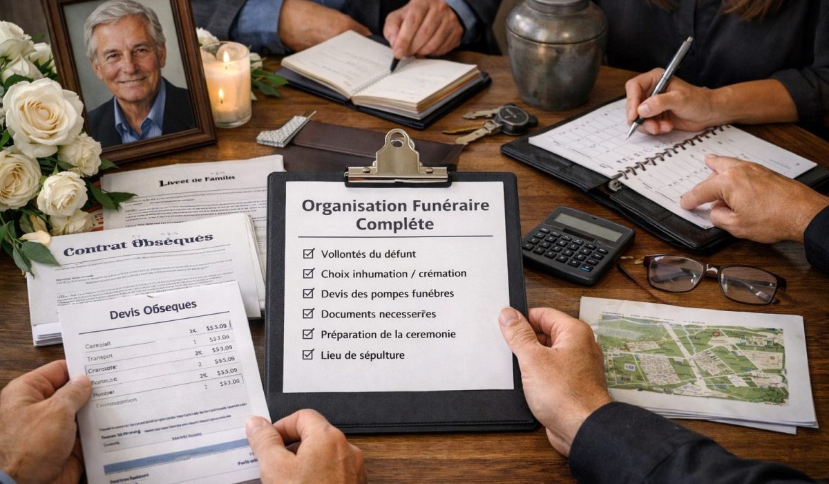Organisation funéraire complète avec checklist, devis obsèques, contrat funéraire, urne, portrait du défunt et préparation familiale