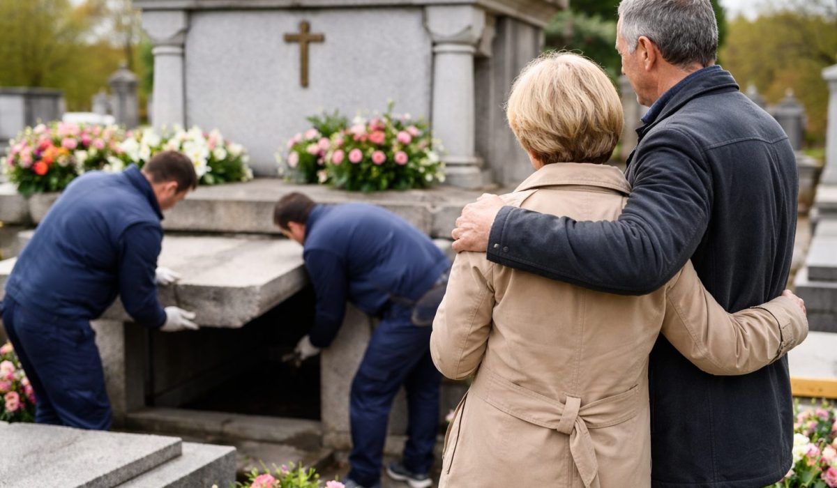 Famille recueillie au cimetière pendant l’ouverture d’un caveau familial avant une inhumation