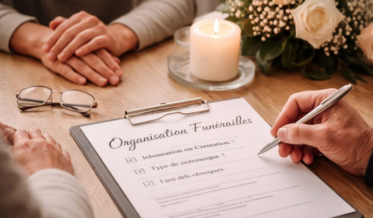 Mains d’une personne âgée signant un document d’organisation des funérailles, avec une bougie allumée et un bouquet de fleurs sur une table.