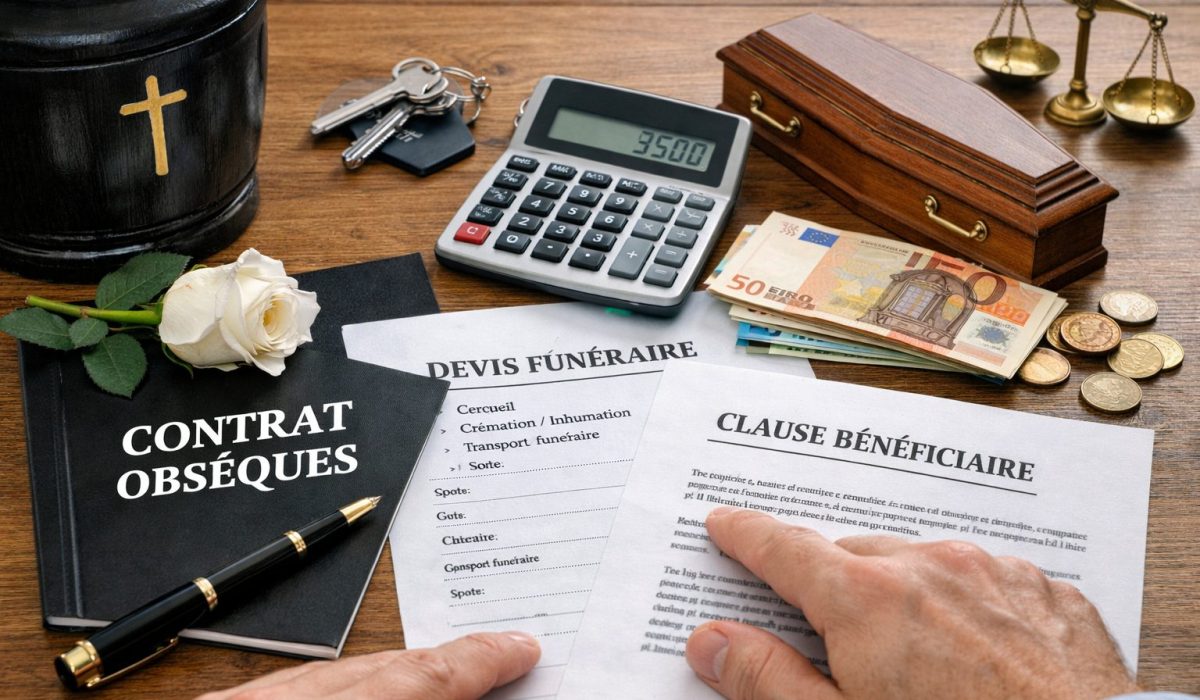 Documents de contrat obsèques avec devis funéraire, clause bénéficiaire, calcul des coûts et objets symboliques liés à l’organisation des funérailles