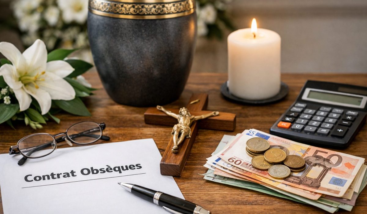 Document “Contrat obsèques” sur une table avec urne, bougies, calculatrice et billets en euros, illustrant la préparation des prestations et du financement.