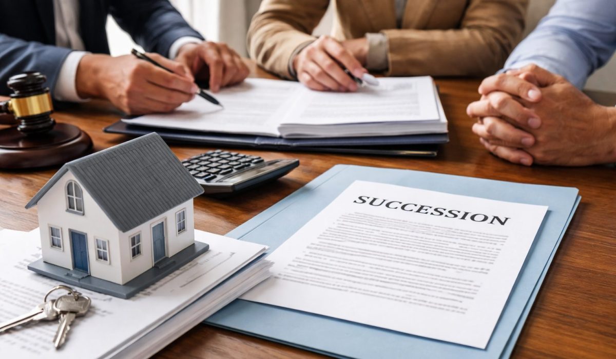 Trois personnes signent des documents de succession sur une table, avec une maquette de maison, des clés, un calculateur et un dossier « Succession ».