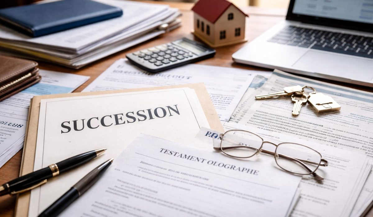 Bureau avec un dossier « Succession », un document « Testament olographe », des clés, un ordinateur portable et des papiers administratifs liés à un dossier de succession