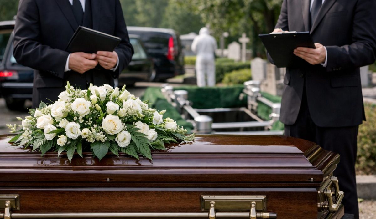 Deux professionnels des pompes funèbres avec des documents, près d’un cercueil fleuri devant une tombe ouverte, au cimetière.
