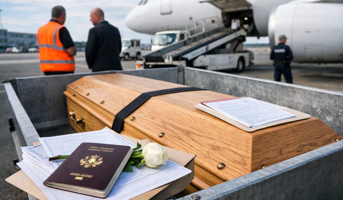 Cercueil préparé pour un rapatriement à l’aéroport, avec documents administratifs, passeport français et rose blanche au premier plan, avion cargo en arrière-plan.