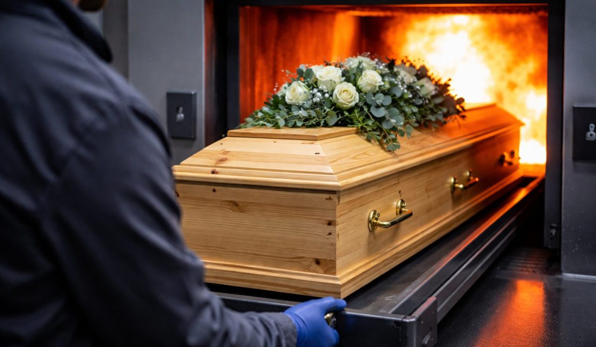 Cercueil en bois clair fleuri, guidé vers le four crématoire dans un crématorium, illustrant les étapes et délais liés à la crémation.