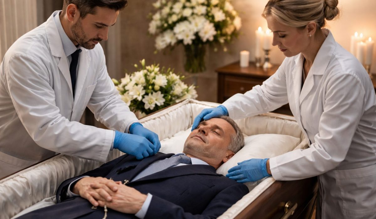 Deux professionnels funéraires ajustent la tenue et la coiffure d’un défunt dans une chambre funéraire, avant le temps de recueillement.