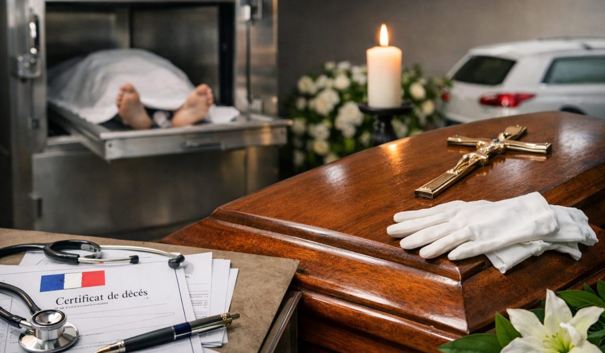 Cercueil en bois avec croix, gants blancs et bougies dans une chambre funéraire, avec certificat de décès et espace réfrigéré en arrière-plan