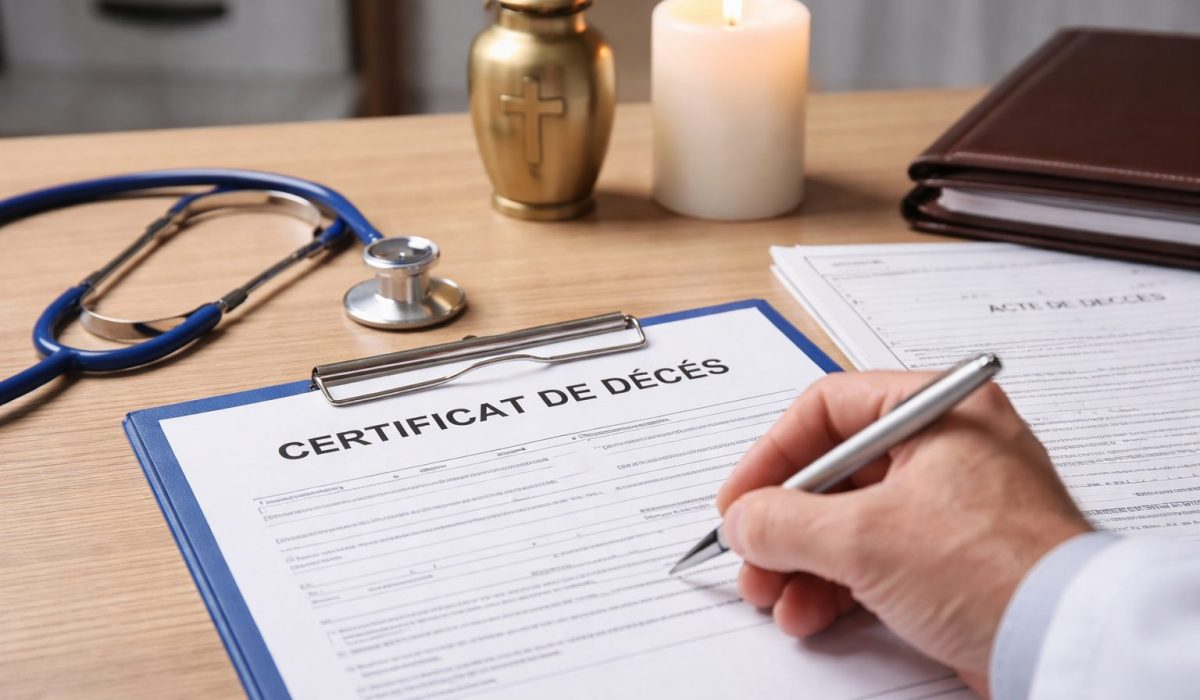 Main d’un médecin complétant un certificat de décès, avec un stéthoscope, une bougie et des documents administratifs sur un bureau
