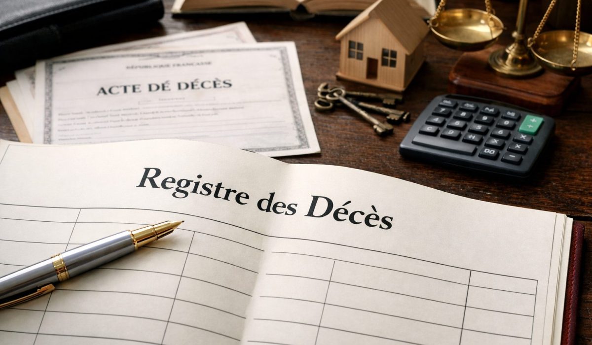 Gros plan horizontal d’un registre des décès ouvert, avec un acte de décès, une petite maison, une balance, des clés et une calculatrice sur un bureau en bois