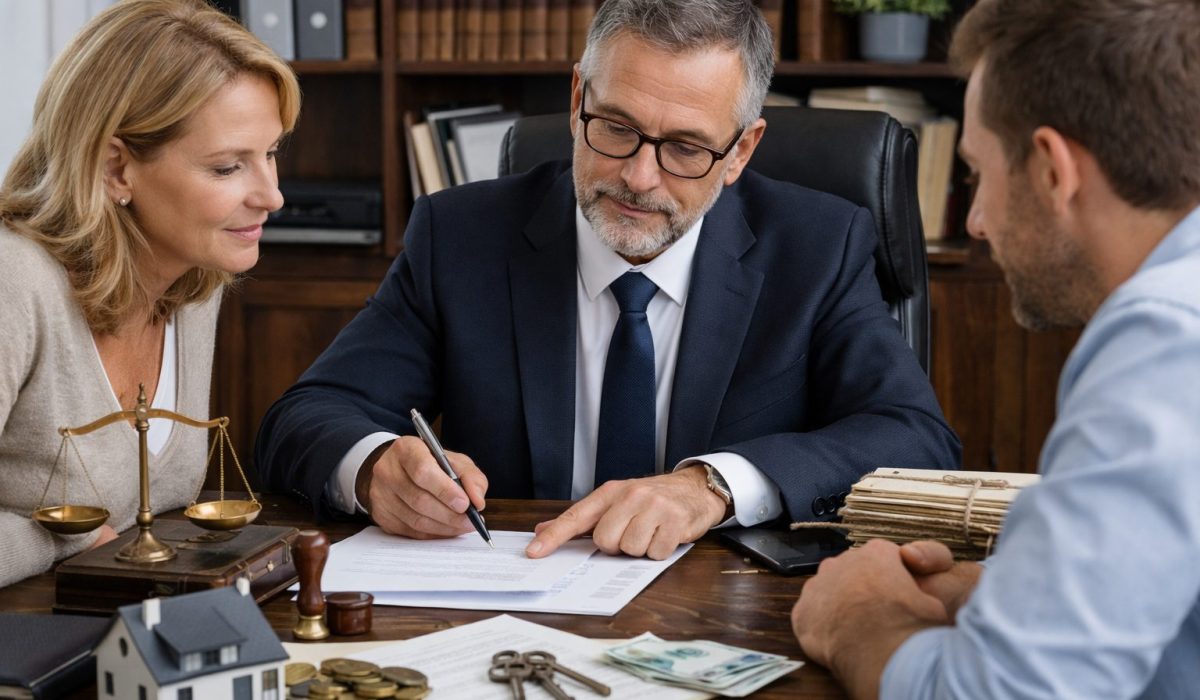 Notaire expliquant des documents de succession à deux héritiers dans un cabinet, avec dossier, clés et maquette de maison sur le bureau.