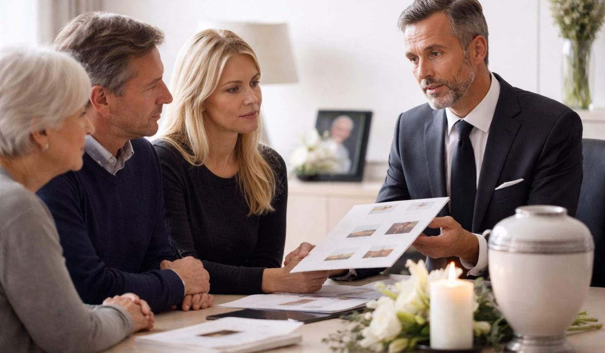 Conseiller funéraire échange avec une famille en deuil dans un salon d’accueil, présentant des documents d’organisation et une urne sur la table