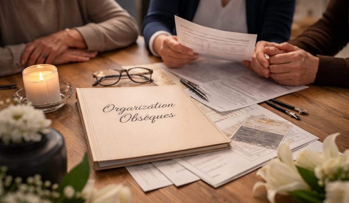 Trois proches consultent des documents pour organiser des obsèques, avec un dossier “Organisation Obsèques”, une bougie et des fleurs sur une table.