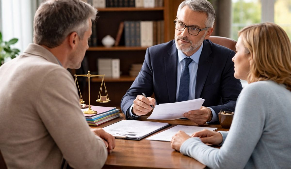 Un notaire explique des documents de succession à un couple assis face à lui dans un bureau, avec des dossiers et une balance de justice sur le bureau.