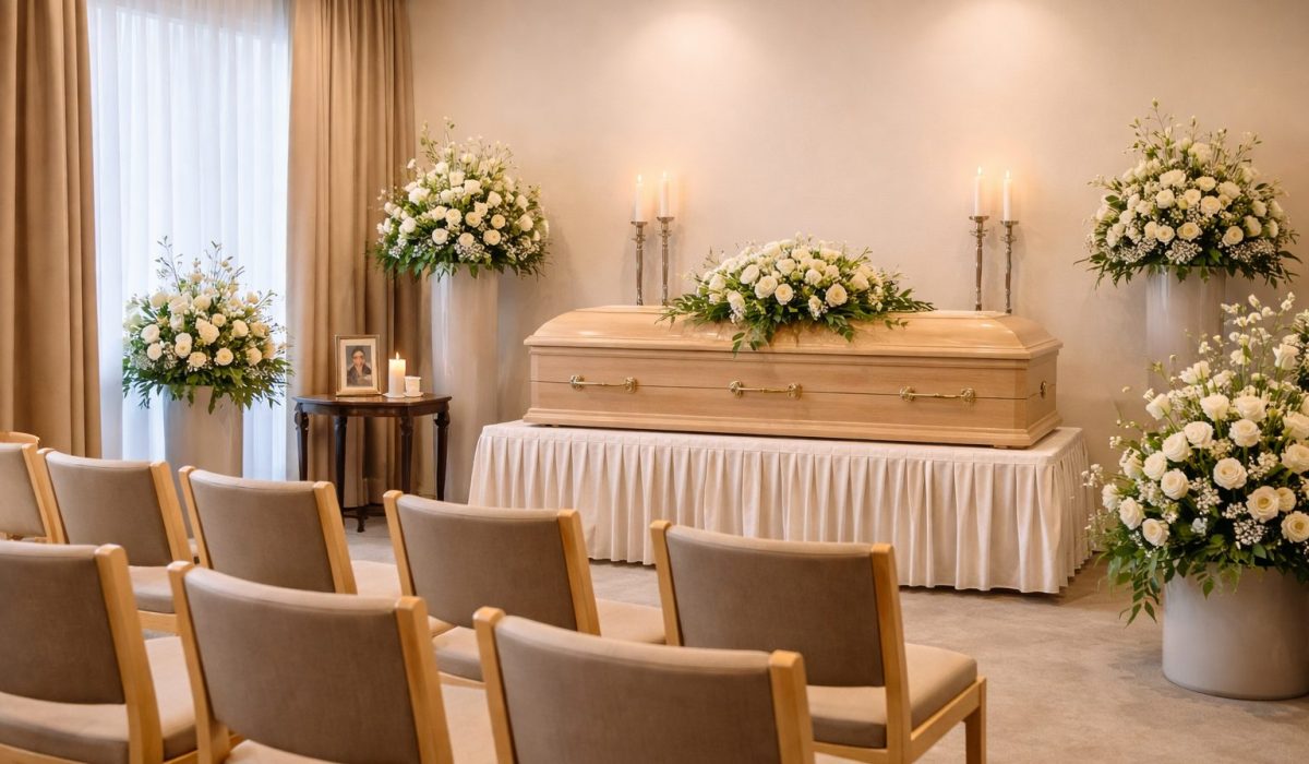 Vue horizontale d’un salon de recueillement en chambre funéraire avec cercueil clair, compositions florales blanches, bougies et rangées de chaises