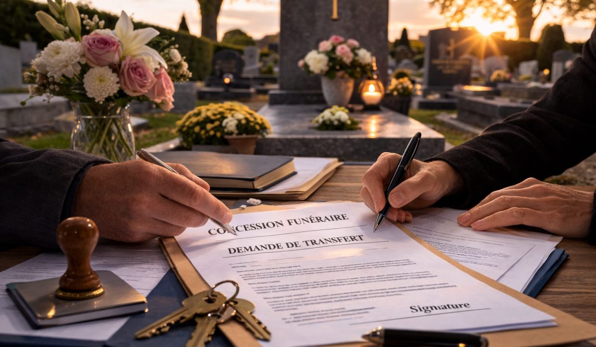 Deux personnes signent un dossier administratif de transfert de concession funéraire sur une table, avec des tombes et des fleurs en arrière-plan au coucher du soleil.