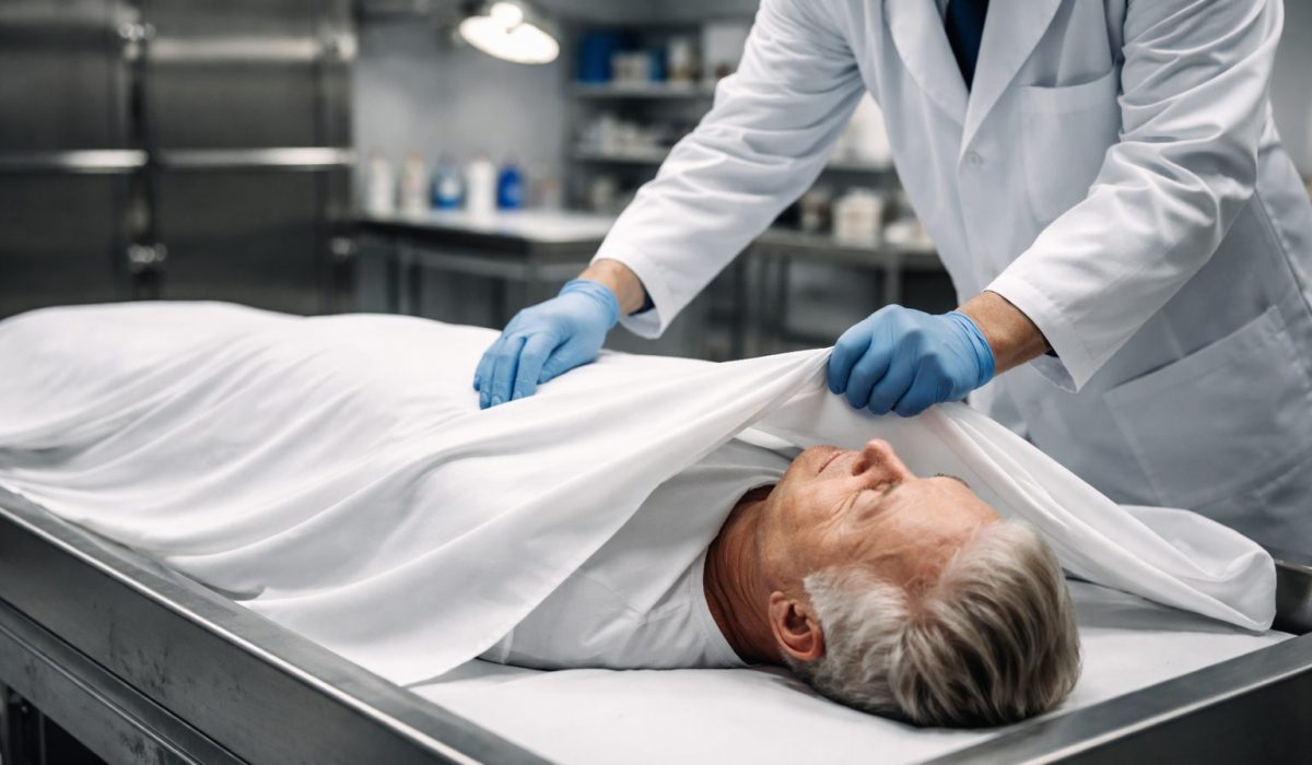Professionnel funéraire recouvrant avec soin le corps d’un défunt dans une chambre mortuaire conforme aux normes sanitaires