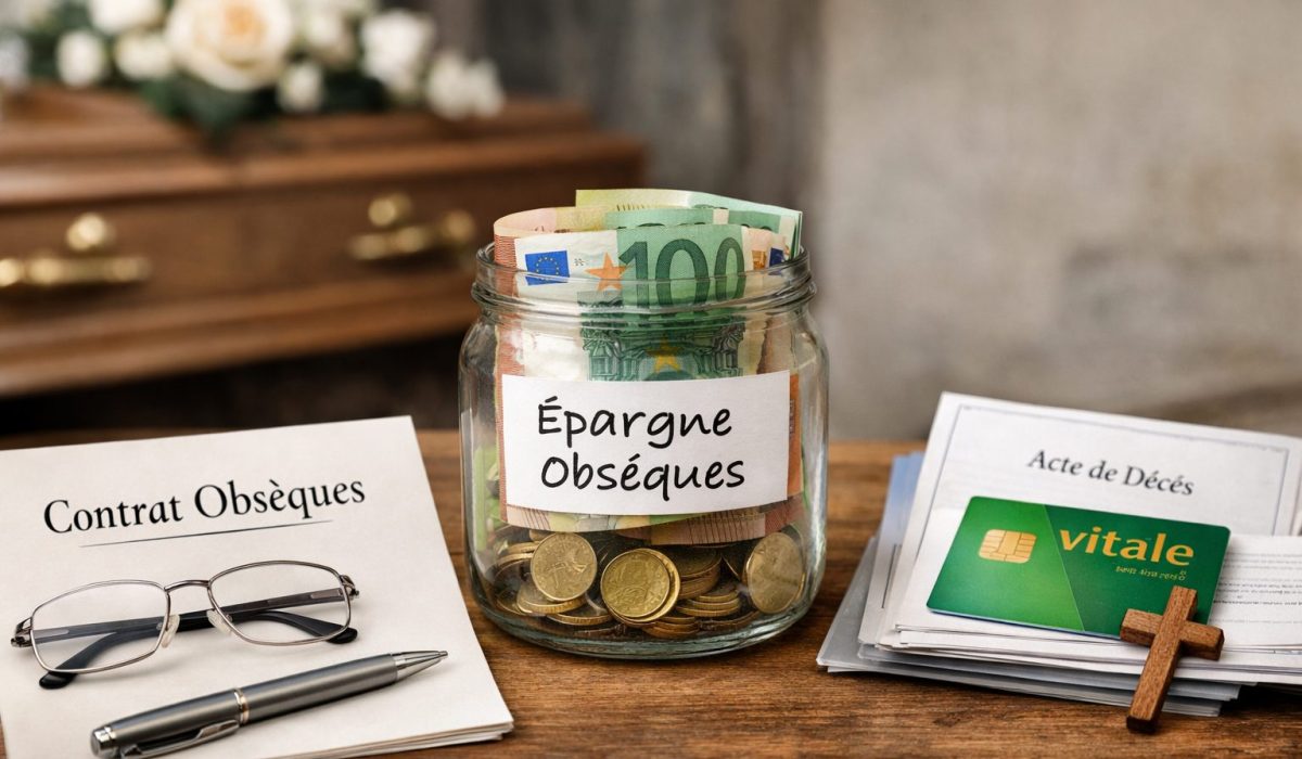 Bocal d’épargne en euros au centre, dossier « Contrat Obsèques » à gauche et documents administratifs à droite, en lien avec le financement des obsèques.