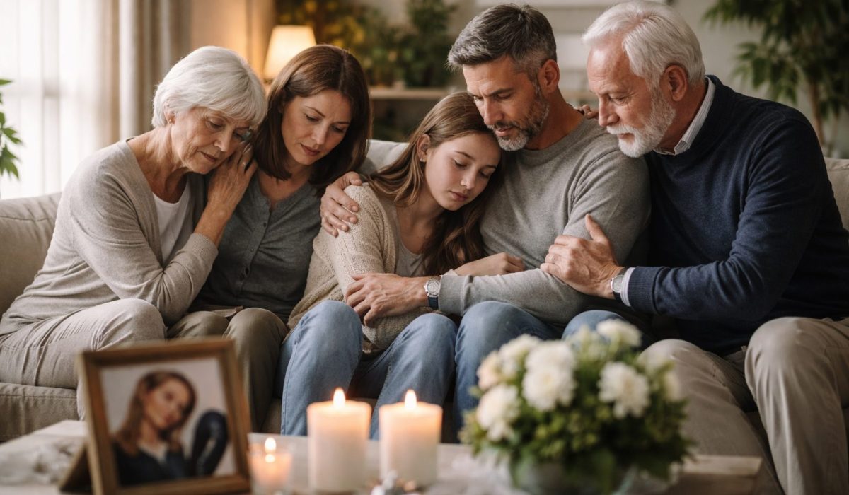Famille assise sur un canapé, se tenant dans les bras dans un salon, avec bougies, fleurs et photo souvenir au premier plan.