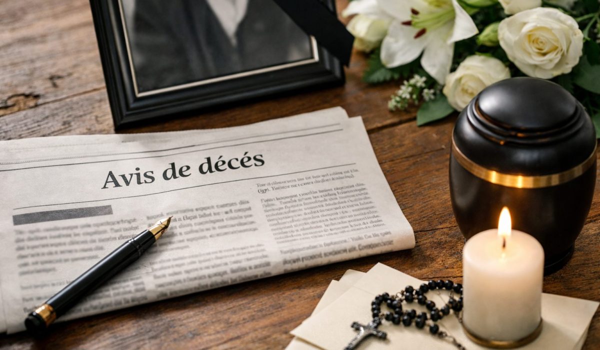 Journal ouvert sur la mention « Avis de décès » avec un stylo, une bougie allumée, une urne funéraire, des fleurs blanches et un cadre photo en arrière-plan.