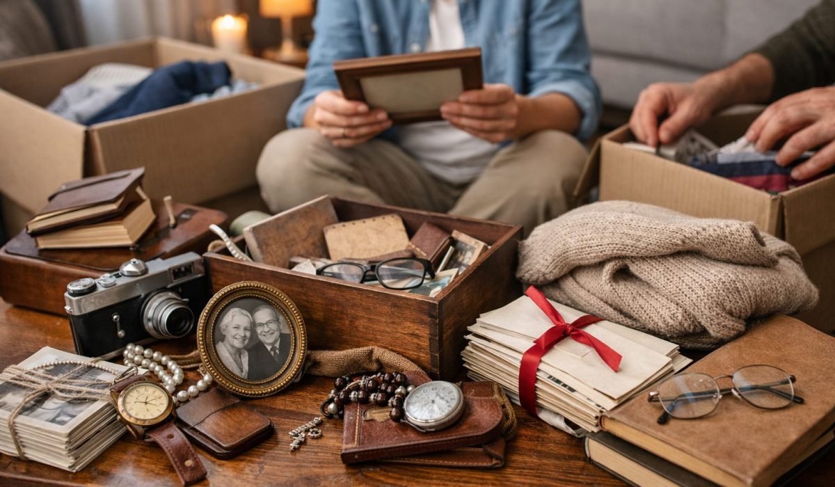 Deux personnes trient des effets personnels du défunt dans un salon, avec boîtes, photos, bijoux, montre et courrier sur une table.