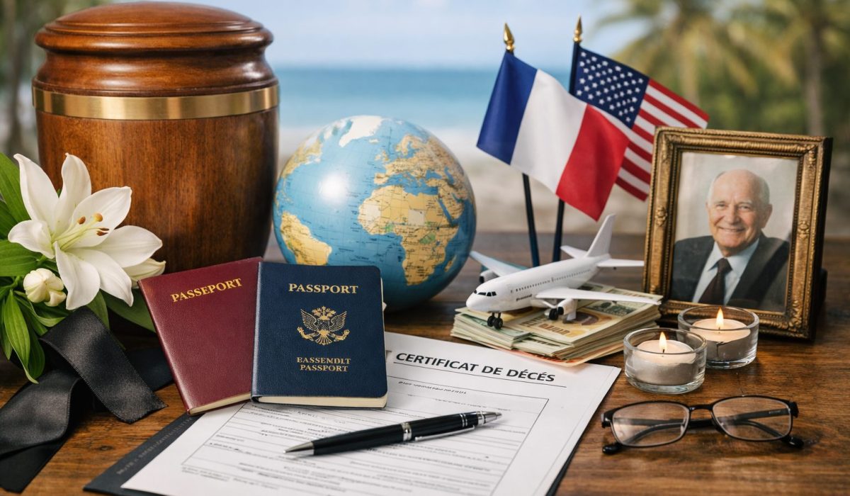 Urne funéraire, passeports, certificat de décès, avion miniature et drapeaux sur une table, illustrant l’organisation d’obsèques à l’étranger et le rapatriement.
