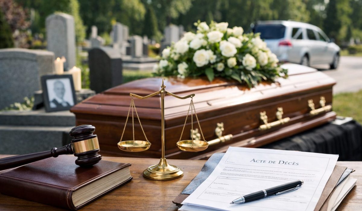 Cercueil fleuri au cimetière avec balance de justice, marteau de juge et acte de décès, illustrant les délais légaux des obsèques