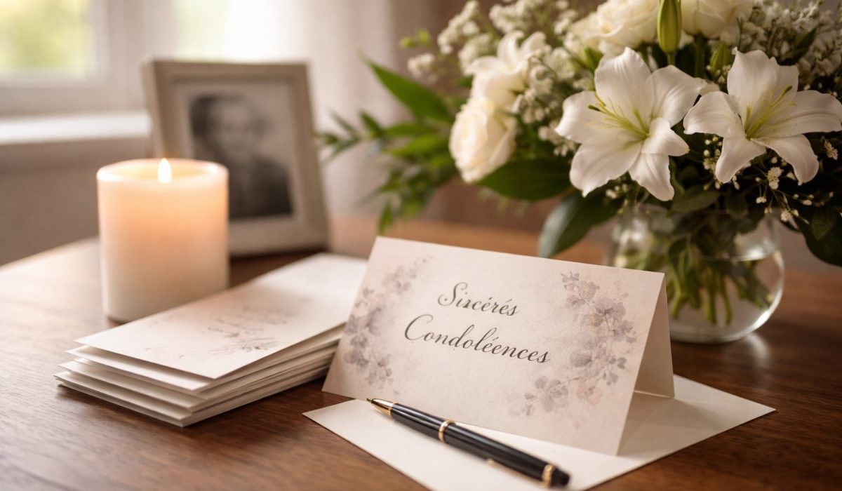 Cartes de condoléances posées sur une table en bois avec bouquet de fleurs blanches, bougie allumée et photo encadrée en arrière-plan
