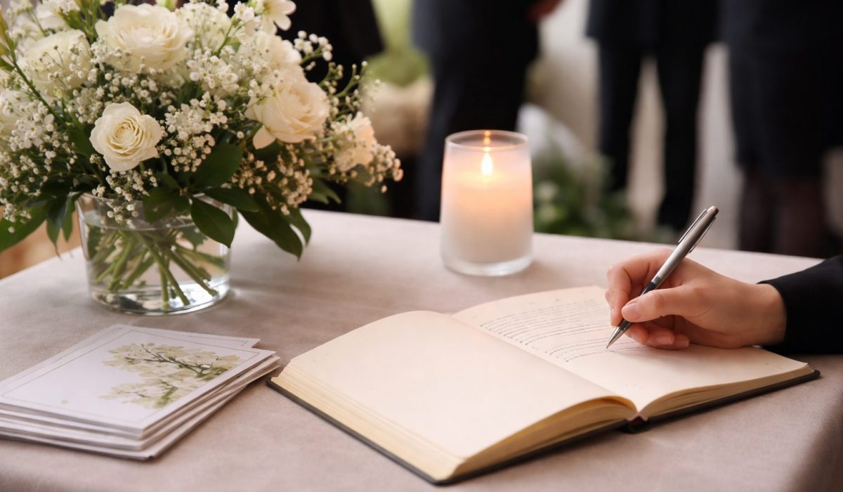 Main écrivant dans un registre de condoléances posé sur une table, avec une bougie allumée, des fleurs blanches et des cartes de soutien
