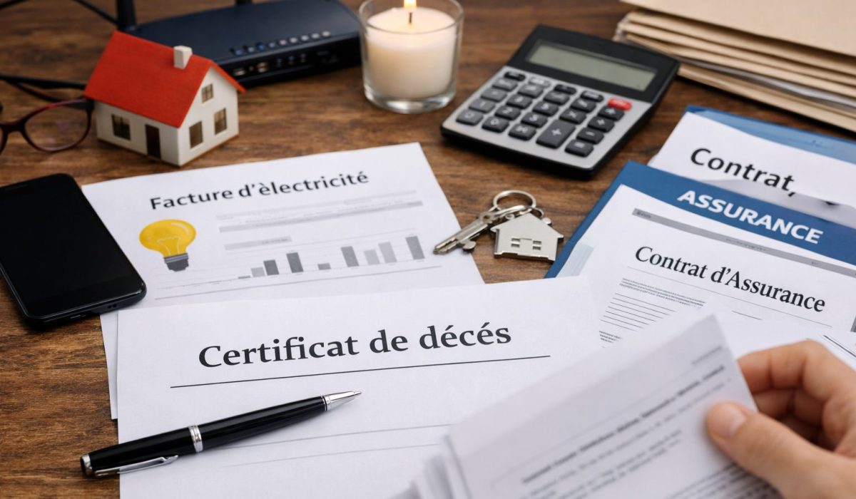 Certificat de décès posé sur une table avec factures d’électricité, contrat d’assurance, routeur internet, calculatrice et clés de maison.
