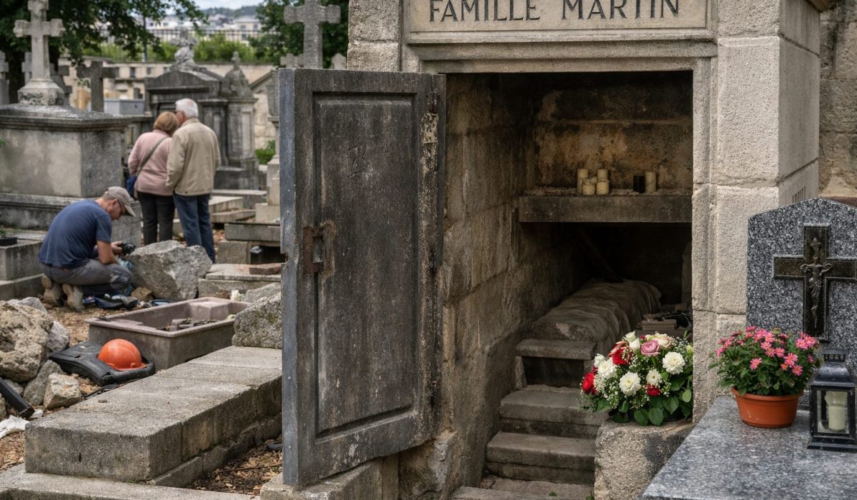 Caveau familial en pierre ouvert avec escalier visible, un artisan marbrier travaille à côté et des proches se tiennent en arrière-plan dans un cimetière.