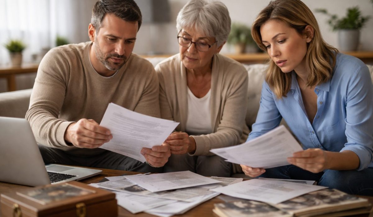 Trois membres d’une famille assis dans un salon trient des papiers et dossiers administratifs après un décès, avec un album photo et un ordinateur sur la table.