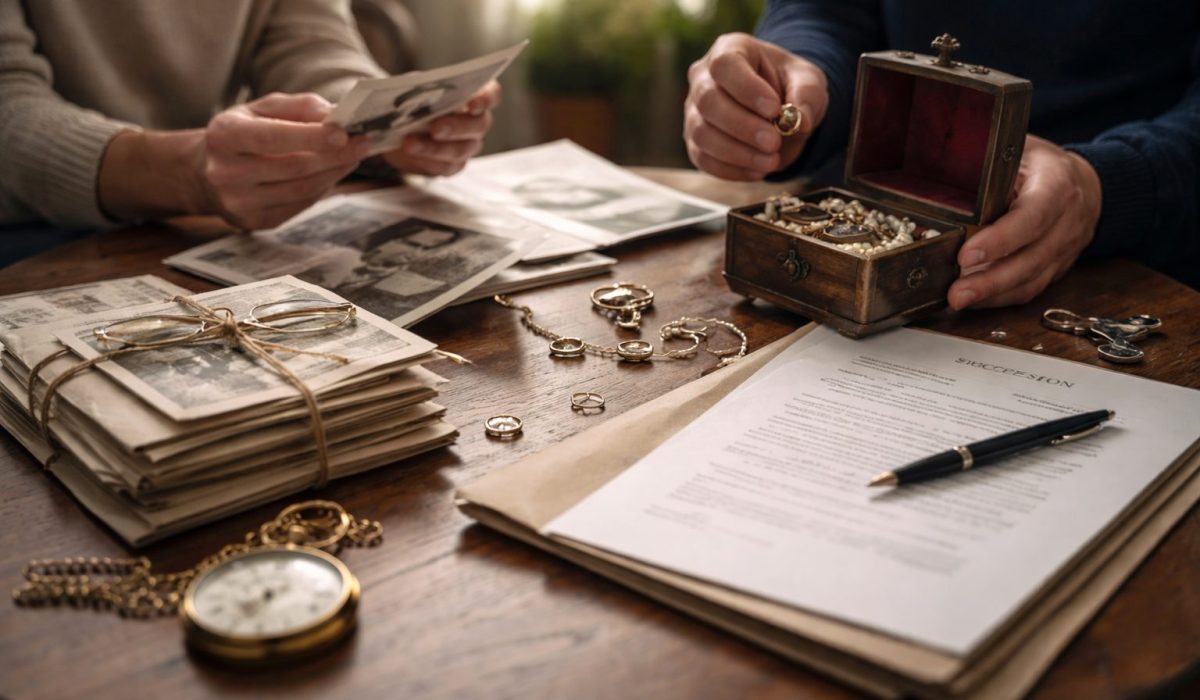 Deux proches trient des photos, des bijoux et des documents de succession sur une table, dans une ambiance calme et réaliste.