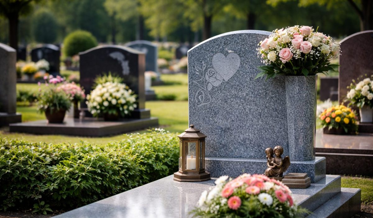 Tombe en granit gris poli avec stèle arrondie, vase de roses, lanterne et petite statue, dans un cimetière verdoyant en arrière-plan.