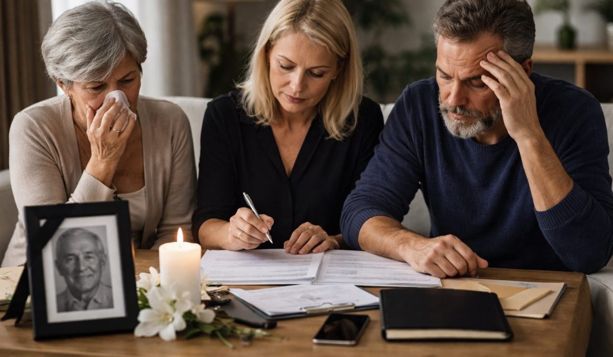 Trois proches assis à une table, en train de gérer des documents après un décès, avec une photo encadrée, une bougie allumée et des fleurs blanches.