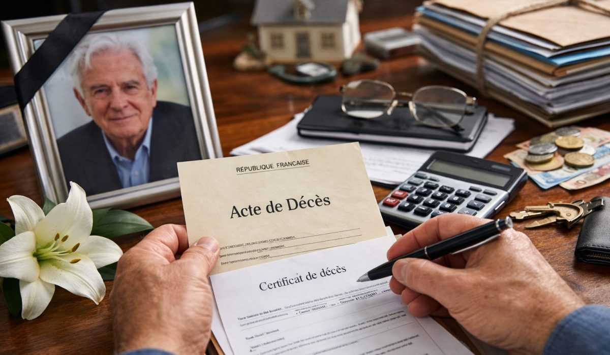 Mains remplissant des documents administratifs après un décès, avec un acte de décès, une calculatrice, des lunettes et un cadre photo sur un bureau.