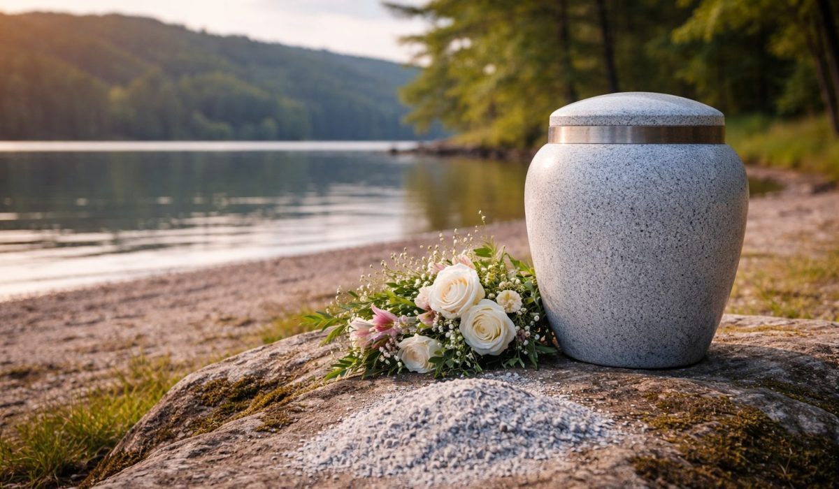 Urne cinéraire en pierre posée sur un rocher au bord d’un lac, avec un bouquet de fleurs et des cendres, dans une ambiance calme au coucher du soleil