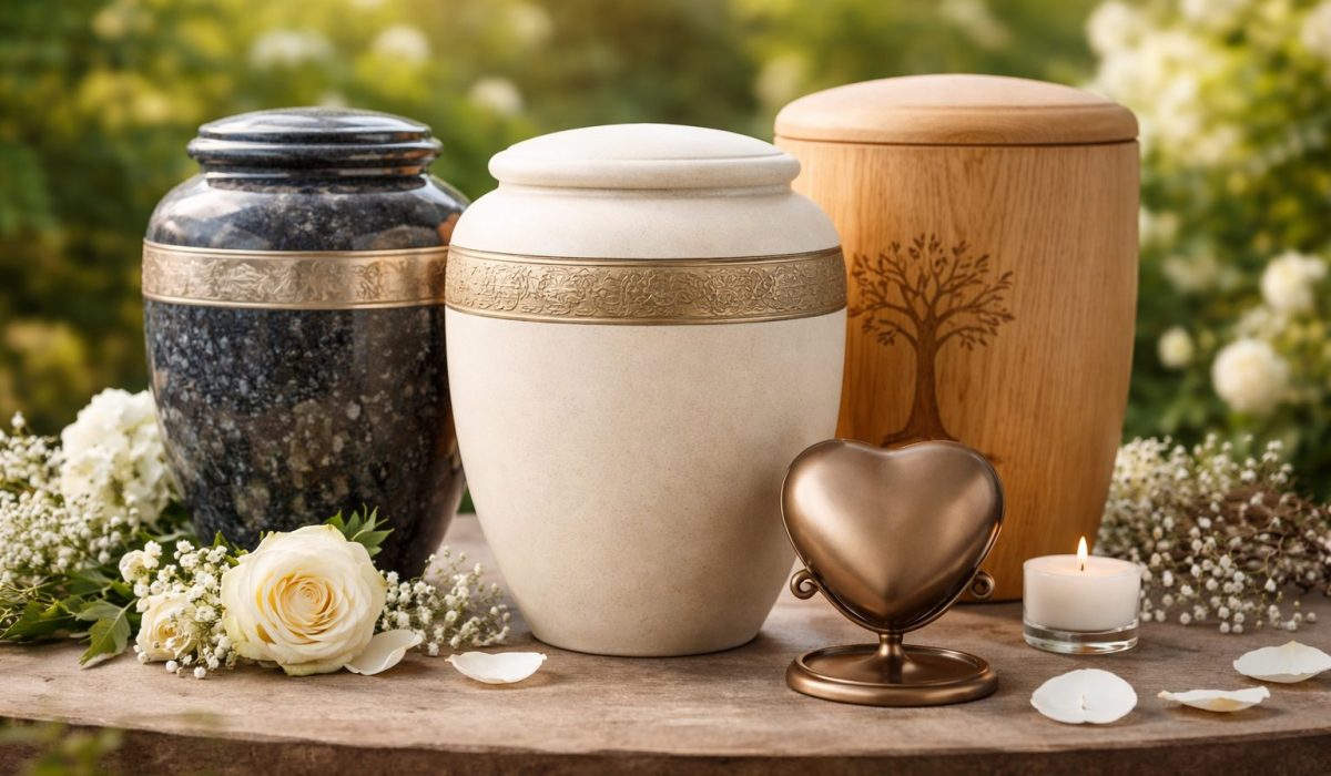 Photo horizontale montrant plusieurs urnes funéraires en pierre, céramique, bois et métal, avec des fleurs blanches et une bougie, dans un décor de jardin lumineux.