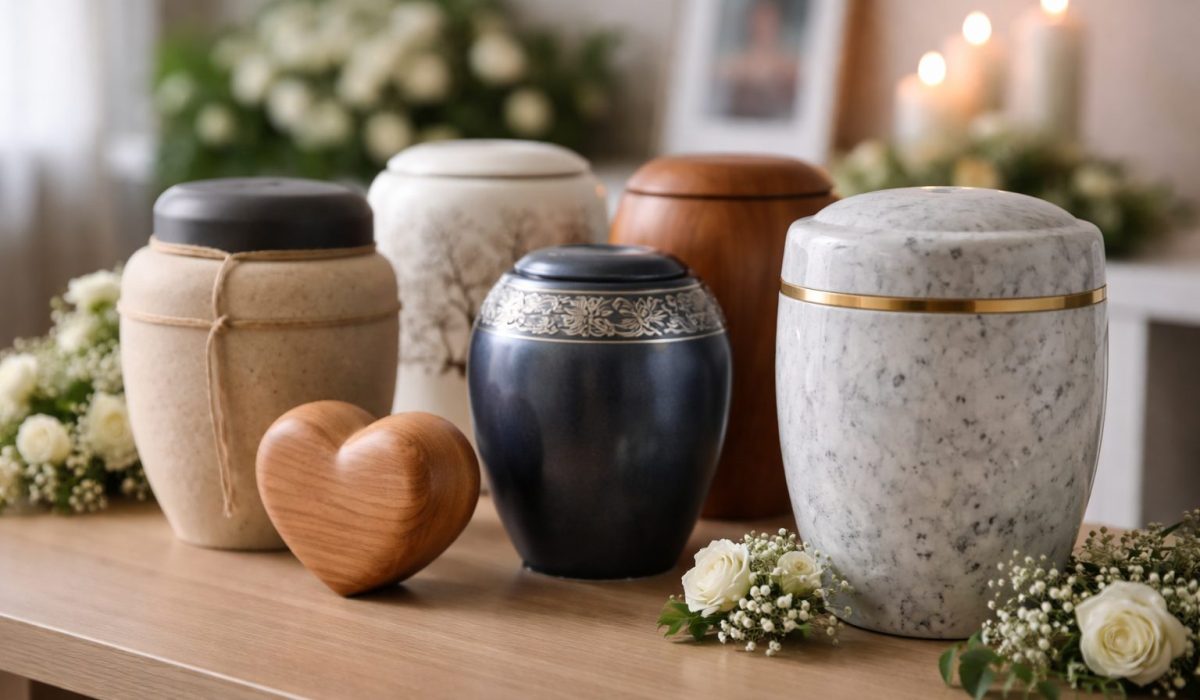 Plusieurs urnes funéraires en marbre, bois, céramique, métal et matériau biodégradable disposées sur une table, avec fleurs blanches et bougies en arrière-plan