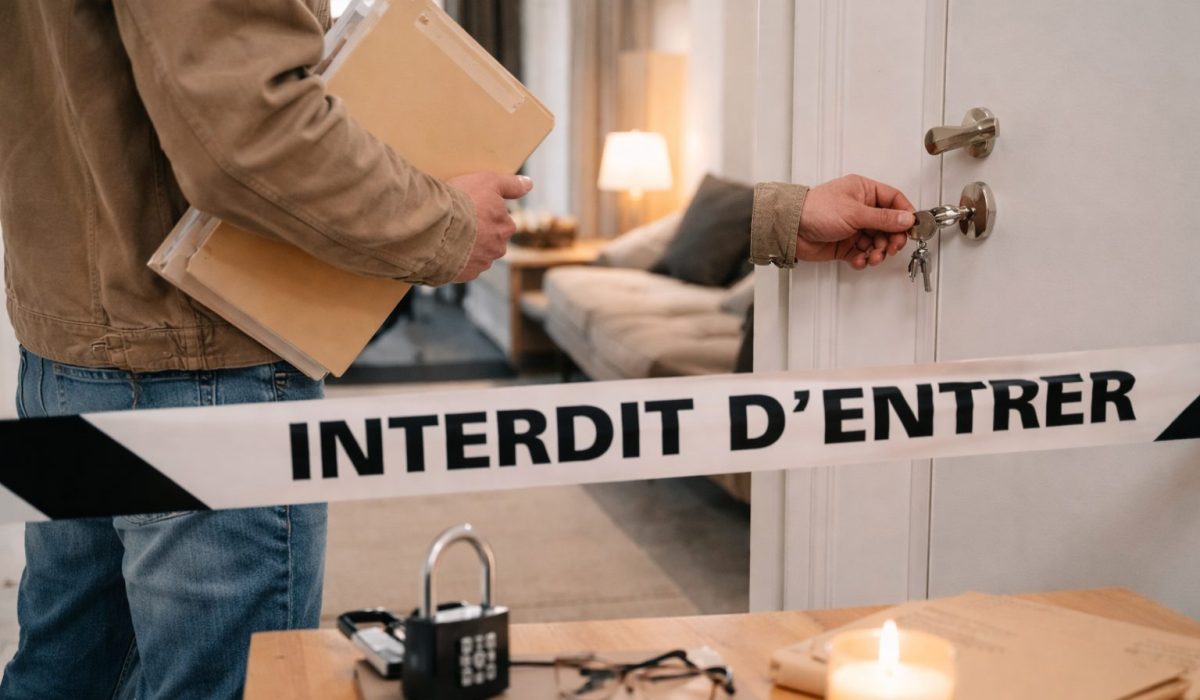 Personne verrouillant une porte d’appartement avec un trousseau de clés et un dossier, symbole de la sécurisation du logement après décès.